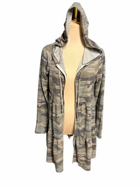 Chris & Carol Camo Hooded Cardigan Medium Gray Green Lightweight Open Front Boho